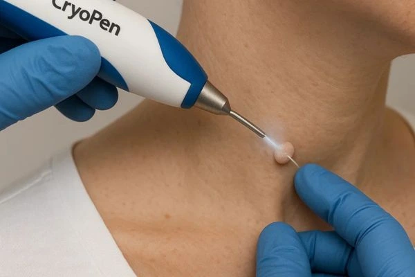 Person receiving Cryotherapy skin tag removal Ledbury