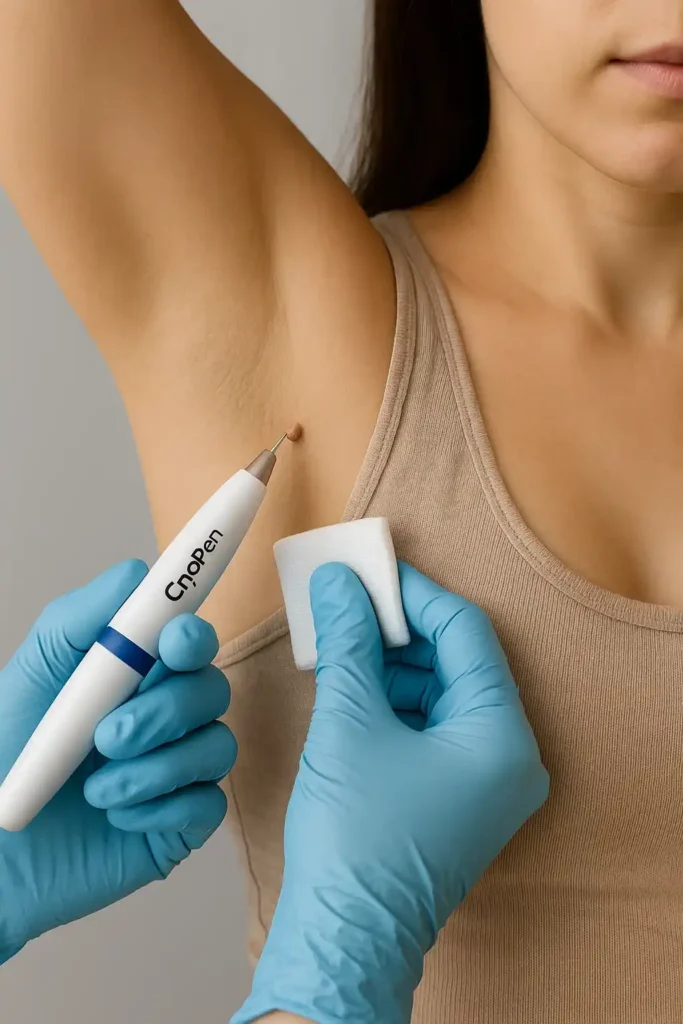 woman having cryopen to remove underarm skin tags Ledbury