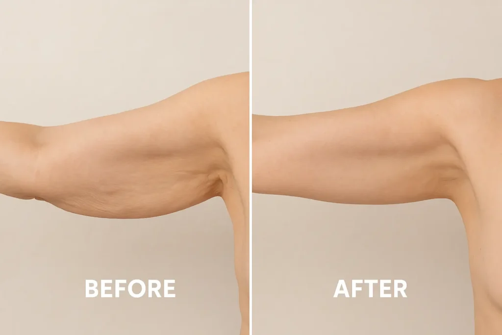 Picture of LA LIPO Ledbury before and after results of skin tightening treatment on the upper arms.