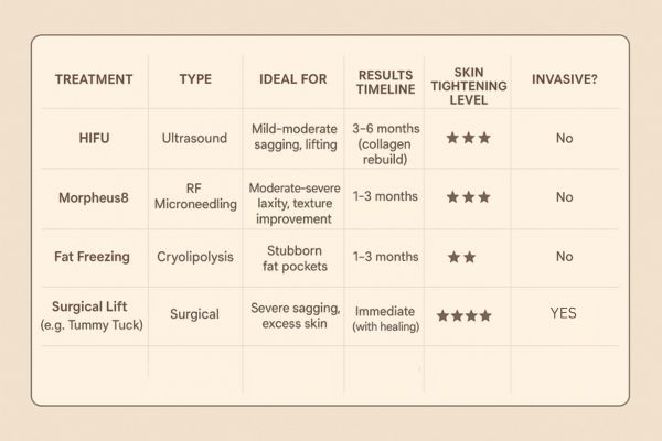 Table showing the comparisons of Skin tightening Ledbury treatment options.